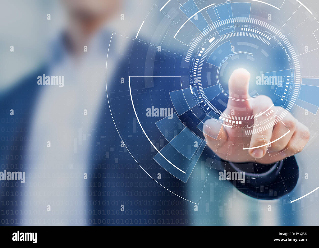 Technology abstract background with person hand touching complex circular diagram on virtual screen with copy-space, innovation, network, big data and Stock Photo