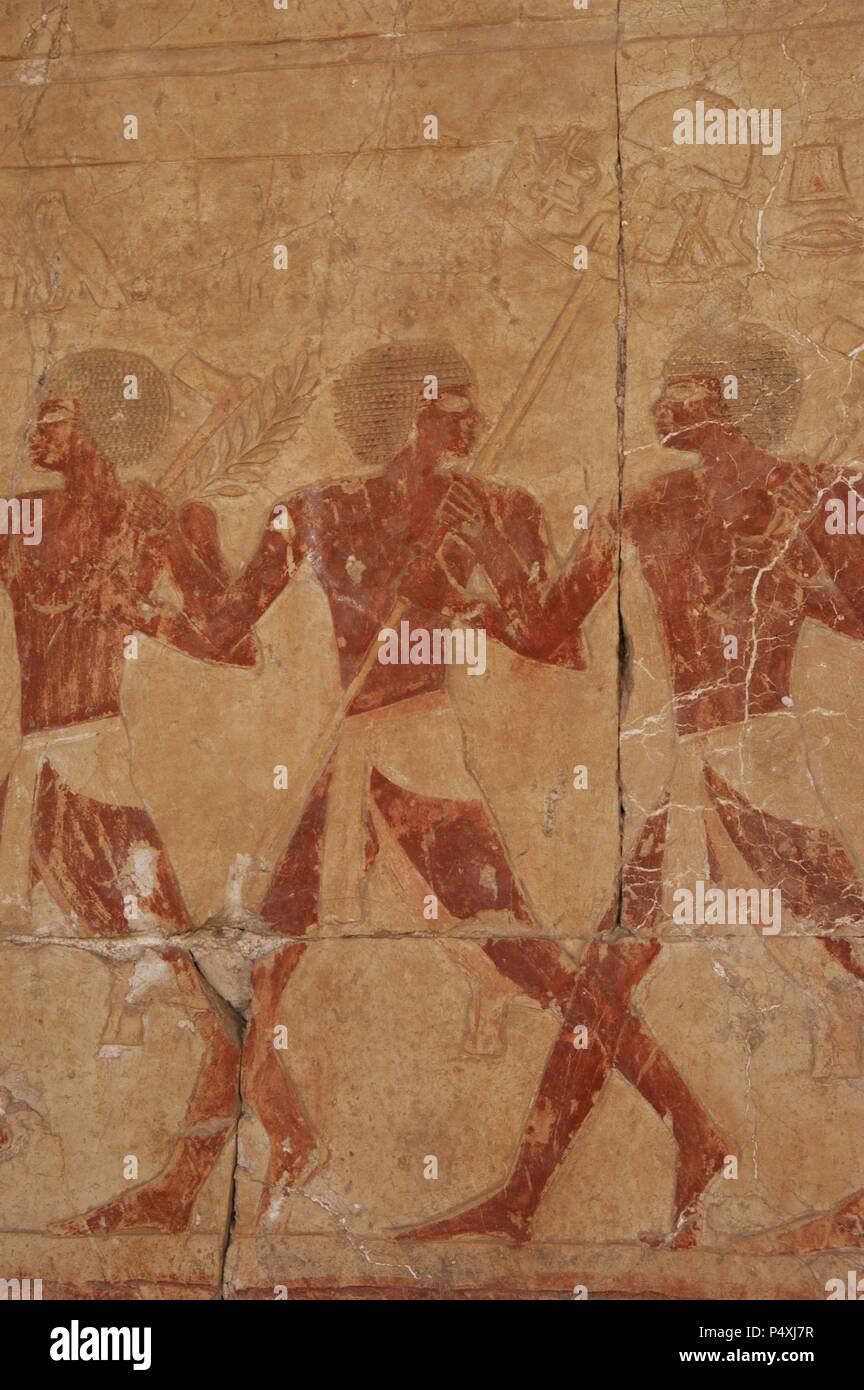 Egyptian soldiers in the expedition to the Land of Punt. Temple of Hatshepsut.  C. 1490 b.C.18th Dynasty. New Kingdom.  Deir el-Bahari. Egypt. (PR). Stock Photo