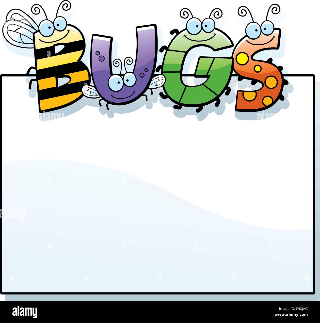 A cartoon illustration of the text Bugs with a sign. Stock Vector