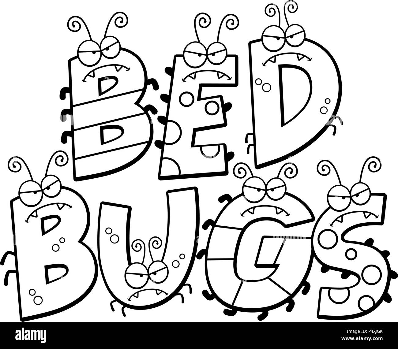 A cartoon illustration of the text bed bugs with bugs Stock Vector
