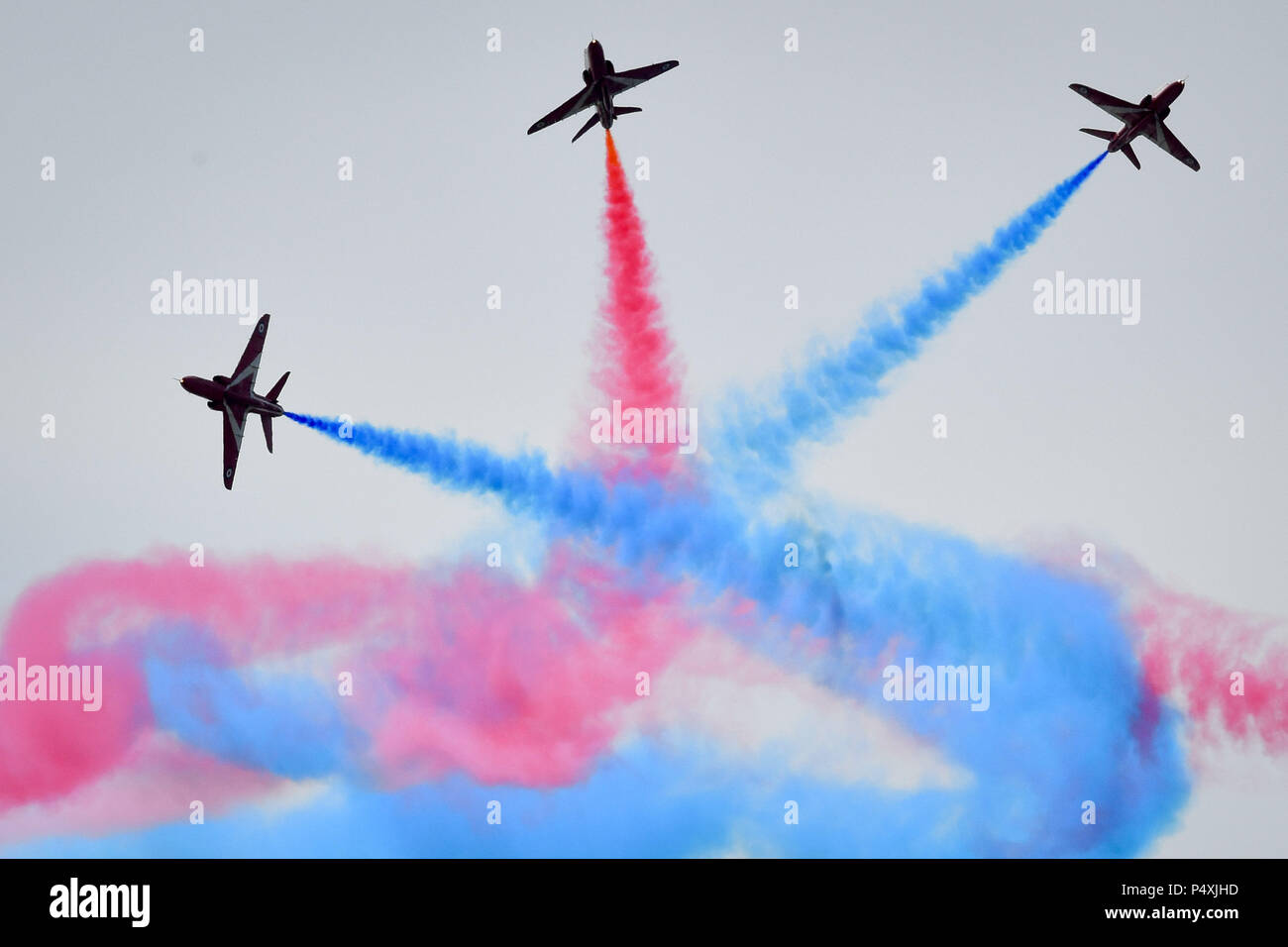 The Red Arrows perform during the Weston Air Festival at Weston Bay, Weston-super-Mare. Stock Photo