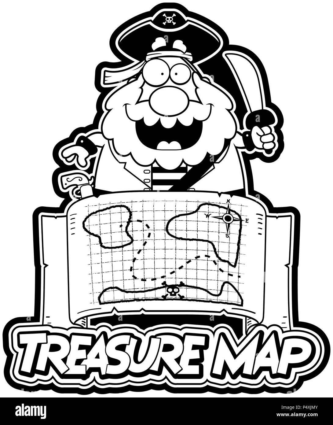 A cartoon illustration of a pirate with a treasure map and treasure map text. Stock Vector