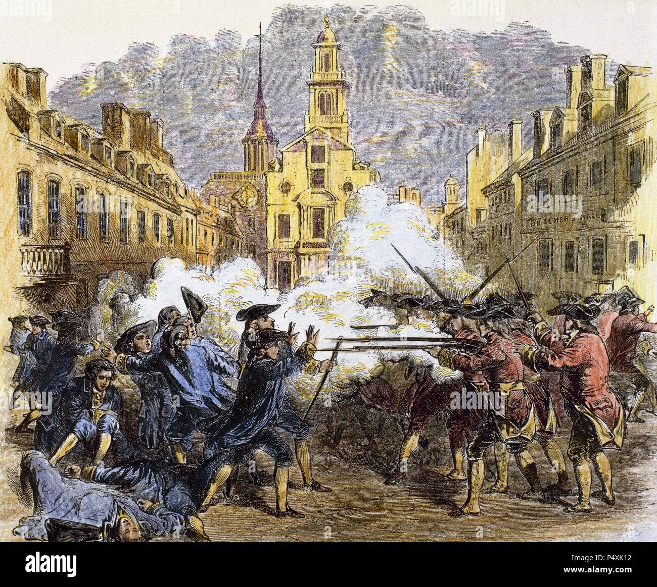 American Revolutionary War (1775-1783). The Boston Massacre or Boston riot (1770). British redcoats killed five civilian men. Stock Photo