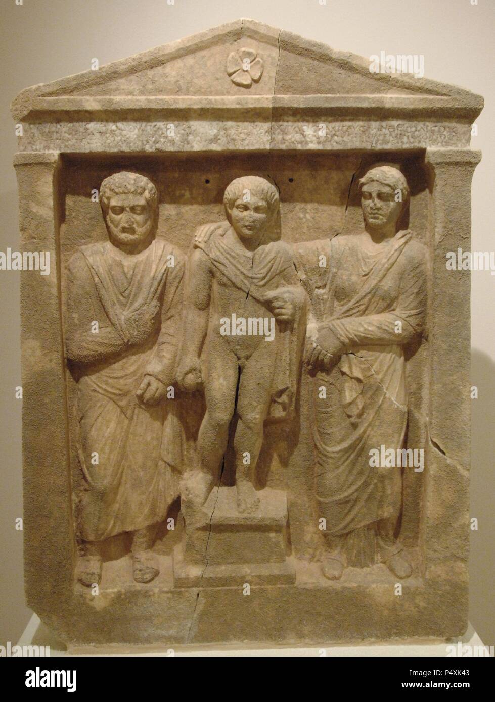 Funerary stele of Paramonos, ephebos of the Piraeus. 3nd century AD. Archaeological Museum of Marathon. Greece. Stock Photo