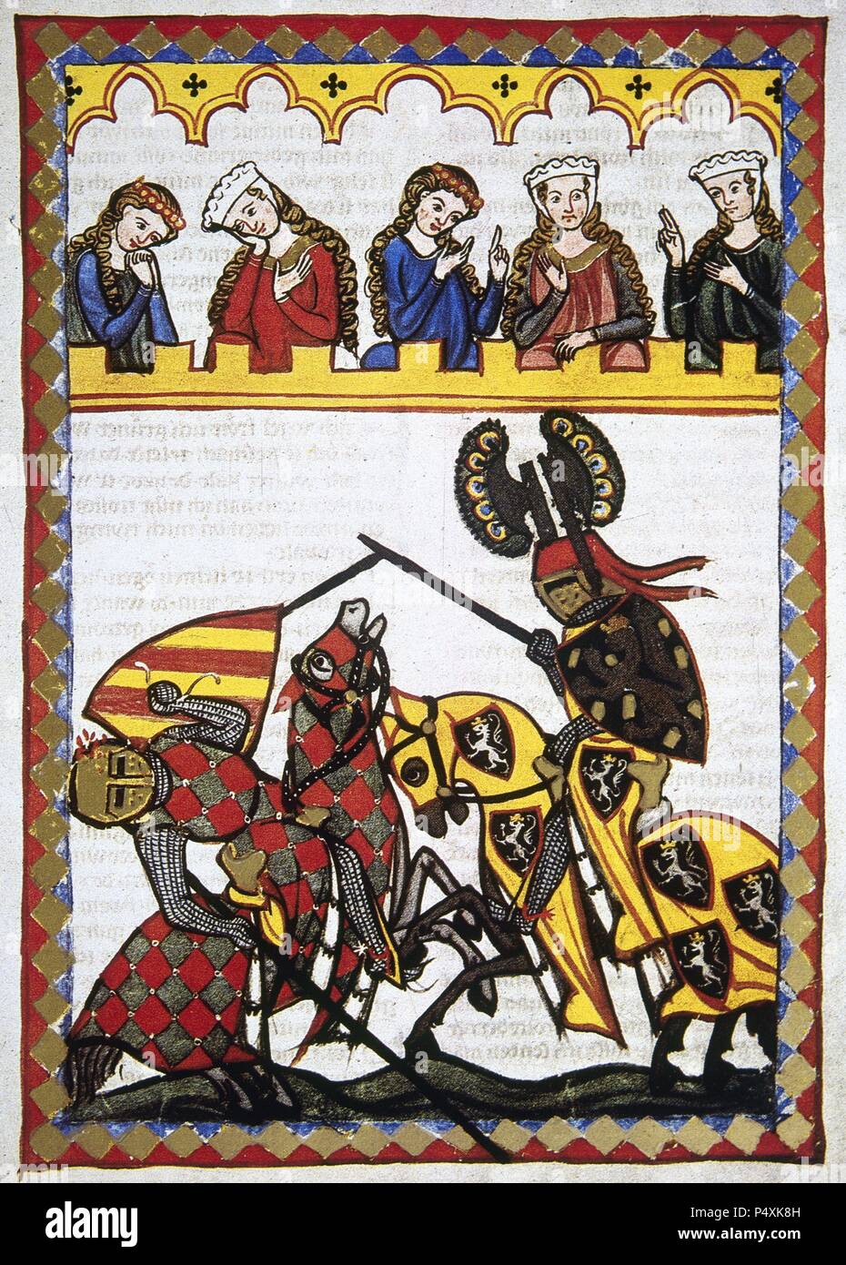 The Thurgau poet Walter von Klingen  (1240-1286), Knight of Rudolf I of Habsburg, defeats another knight in a tournament. Codex Manesse (ca.1300) by Rudiger Manesse and his son Johannes. Miniature. Folio 52r. University of  Heidelberg. Library. Germany. Stock Photo