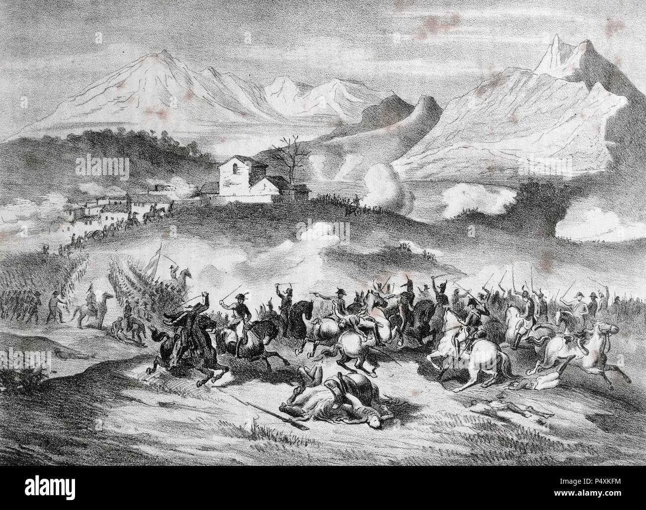 Spain. Peninsular War. (1808-1814). Battle of the town of Valls. Combat between the French and Spanish, February 24, 1809. Lithograph Vidal and Serra. End of 19th century. Stock Photo