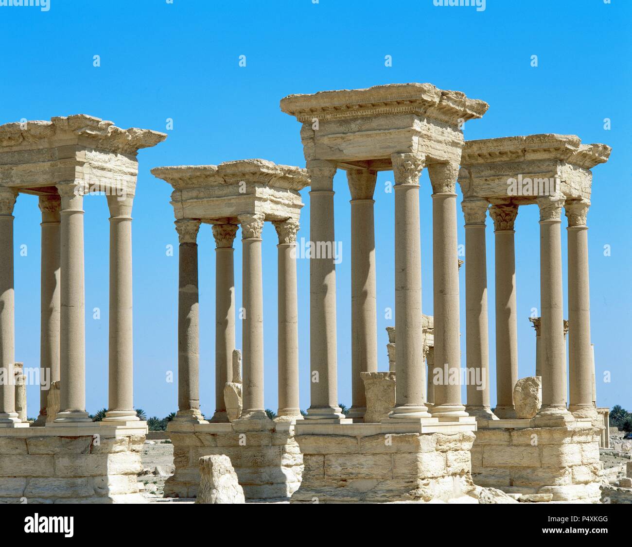 Roman art. Syria. Palmyra. The tetrapylon. Ancient type of monument of cubic shape with a gate on each of the four sides. Stock Photo