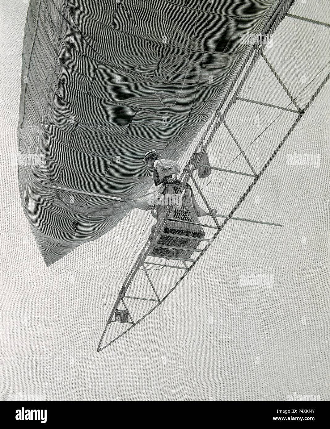 Alberto Santos-Dumont (1873-1932). Brazilian aviation pioneer and engineer. Santos-Dumont flying in a dirigible. Engraving in  'L'Illustration' (1901). Stock Photo