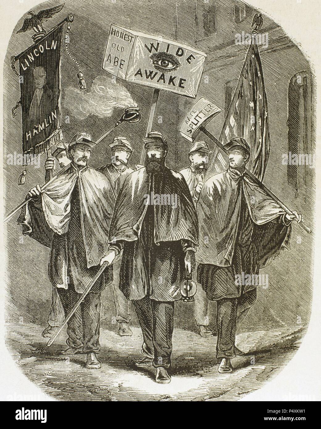 United States. Supporters of Abraham Lincoln, candidate of the Republican Party. Engraving from 'L'Illustration Journal Universel', 1860. Stock Photo
