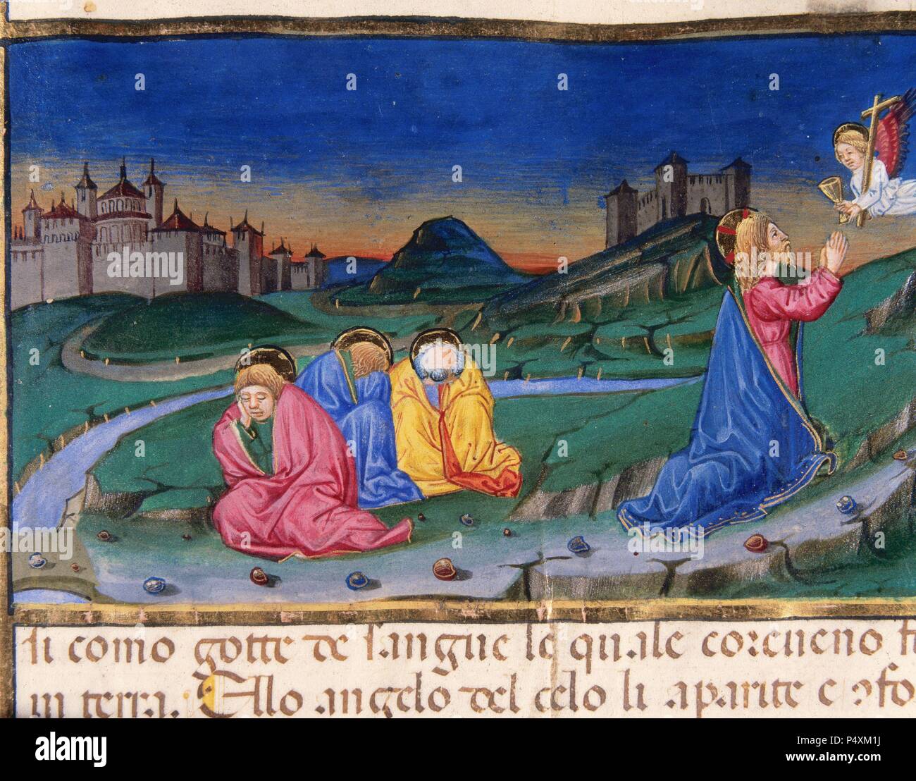 Jesus is going away from his disciples for praying in the Mount of Olives Codex of Predis (1476). Royal Library. Turin. Italy. Stock Photo