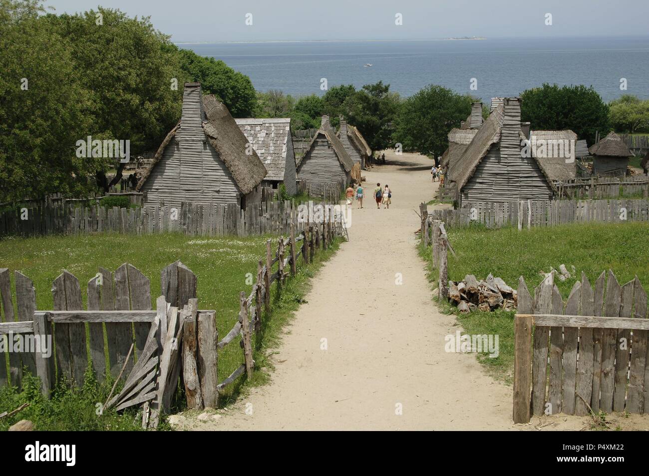 Plimoth Plantation or Historical Museum. Is a living museum in that shows the original settlement of the Plymouth Colony established in the 17th century by English colonists. English village. Plymouth. Massachusetts. United States. Stock Photo