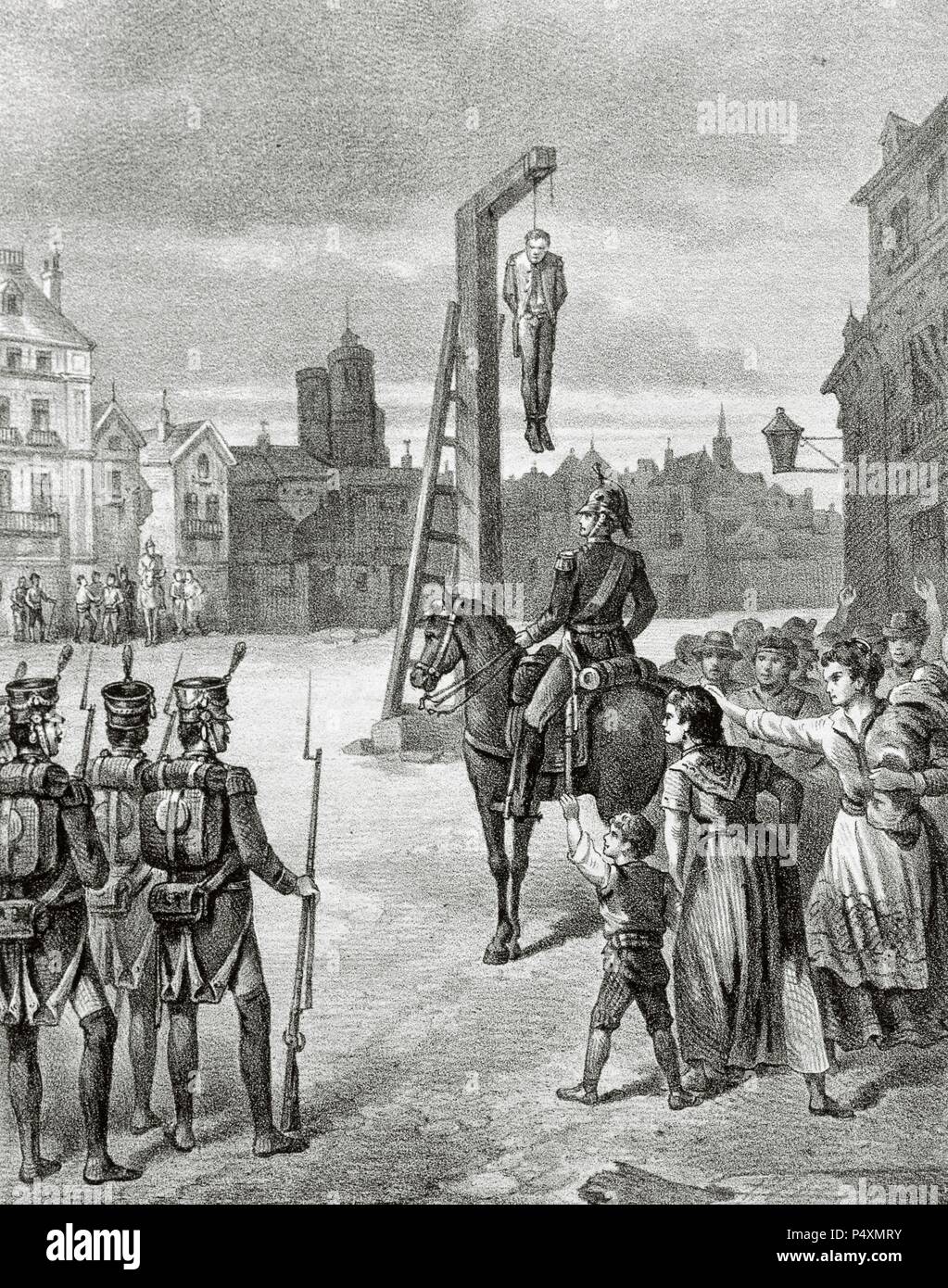Rafael del Riego (1785-1823). Spanish military and politician. Accused of high treason, he was sentenced to be hanged. Public execution of Riego in the Cebada Square, Madrid, on 7th November, 1823. Spain. Engraving. Stock Photo