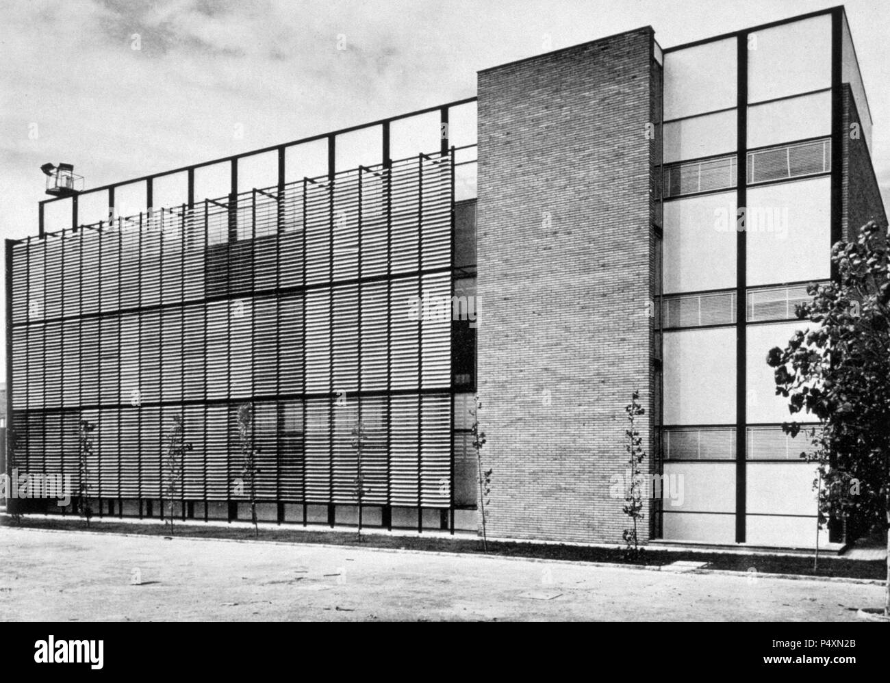 S.E.A.T. factory in Barcelona's Zona Franca. Laboratory. Rear facade. 'Journal of Architecture', No 49. National Library. Madrid. Stock Photo