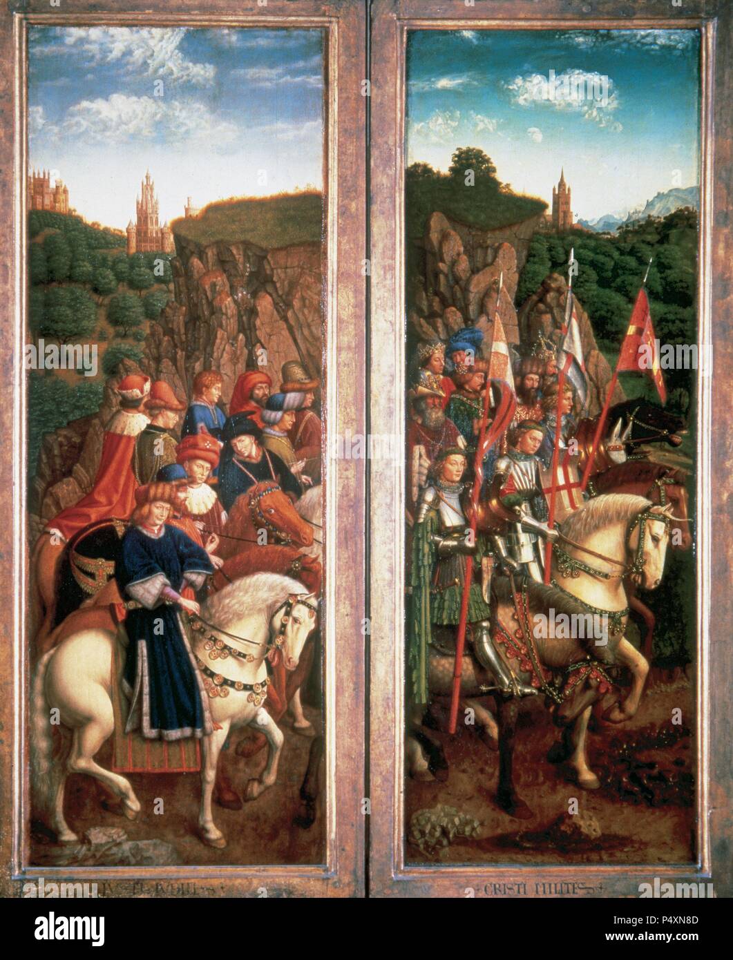 Gothic Art. Belgium. 15th Century. The Ghent Altarpiece, also known as The Adoration of the Mystic Lamb or The Lamb of God. Early Flemish polyptych panel painting. Commisioned from Hubert van Eyck (1385/90-1426) and executed by his brother Jan van Eyck (c.1390-c.1441), 1430-32. Open view. Detail. Lower left panel. Just Judges and the Knights of Christ. Oil on oak. Saint Bavo Cathedral. Ghent. Stock Photo