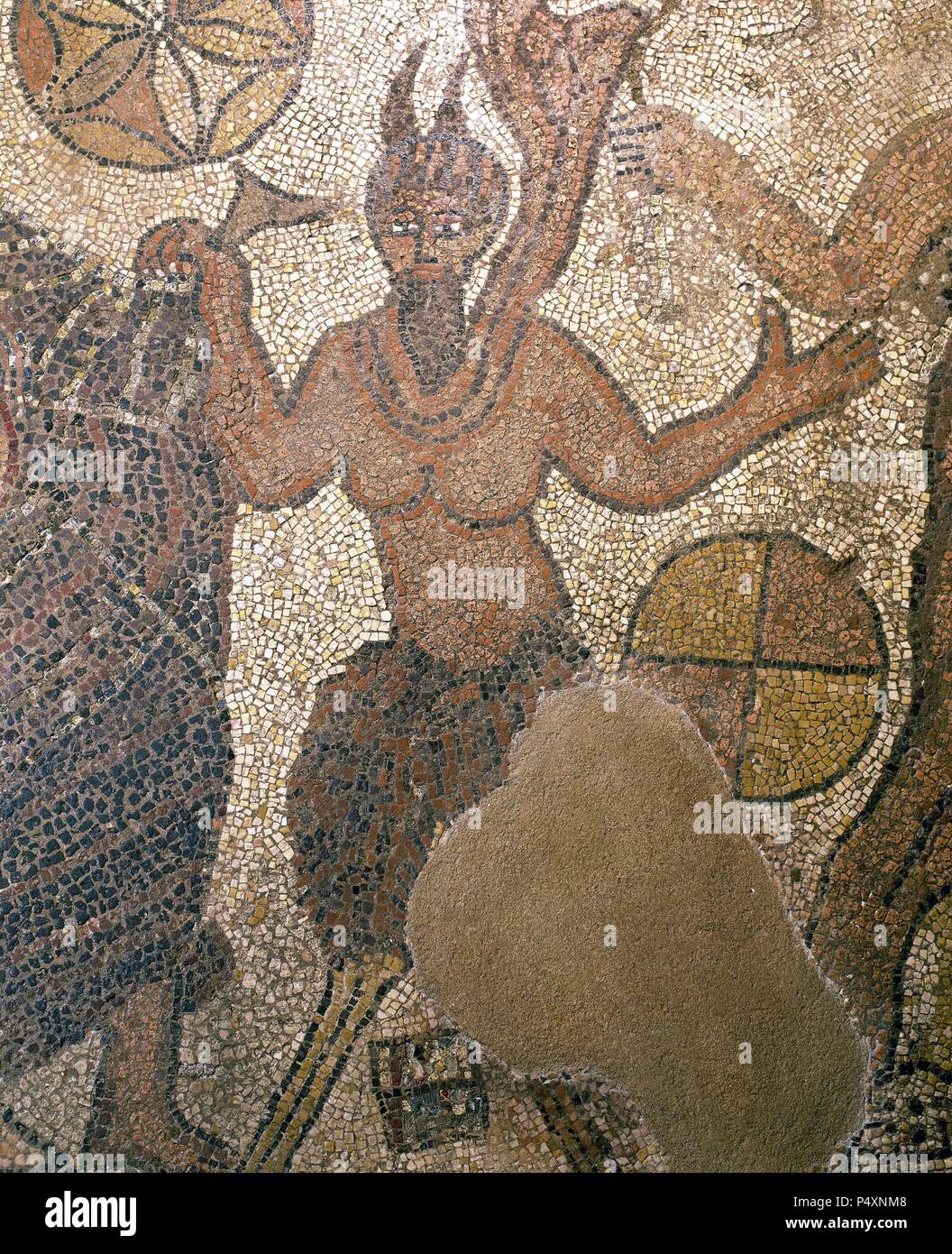 Roman mosaic depicting a Satyr. Detail of the mosaic Meeting between Ariadne and Dionysus. 4th century. Anniboni. National Museum of Roman Art. Merida. Spain. Stock Photo