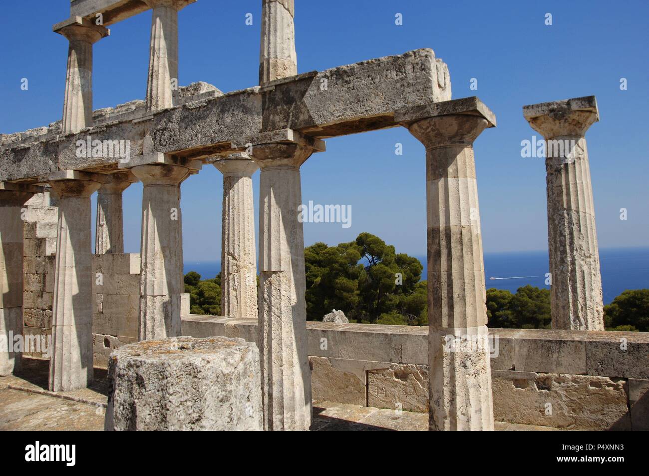 Greece. Aegina Island. Temple of Aphaia (5th-6th centuries B.C.). Doric columns. Stock Photo