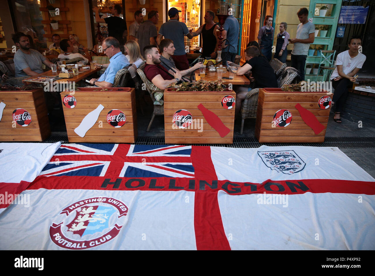 England fans in a bar in Nizhny Novgorod ahead of the match on Sunday against Panama at the 2018 FIFA World Cup in Russia. Stock Photo