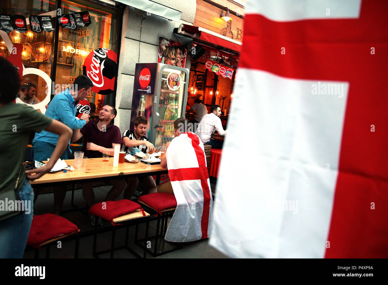 England fans in a bar in Nizhny Novgorod ahead of the match on Sunday against Panama at the 2018 FIFA World Cup in Russia. Stock Photo