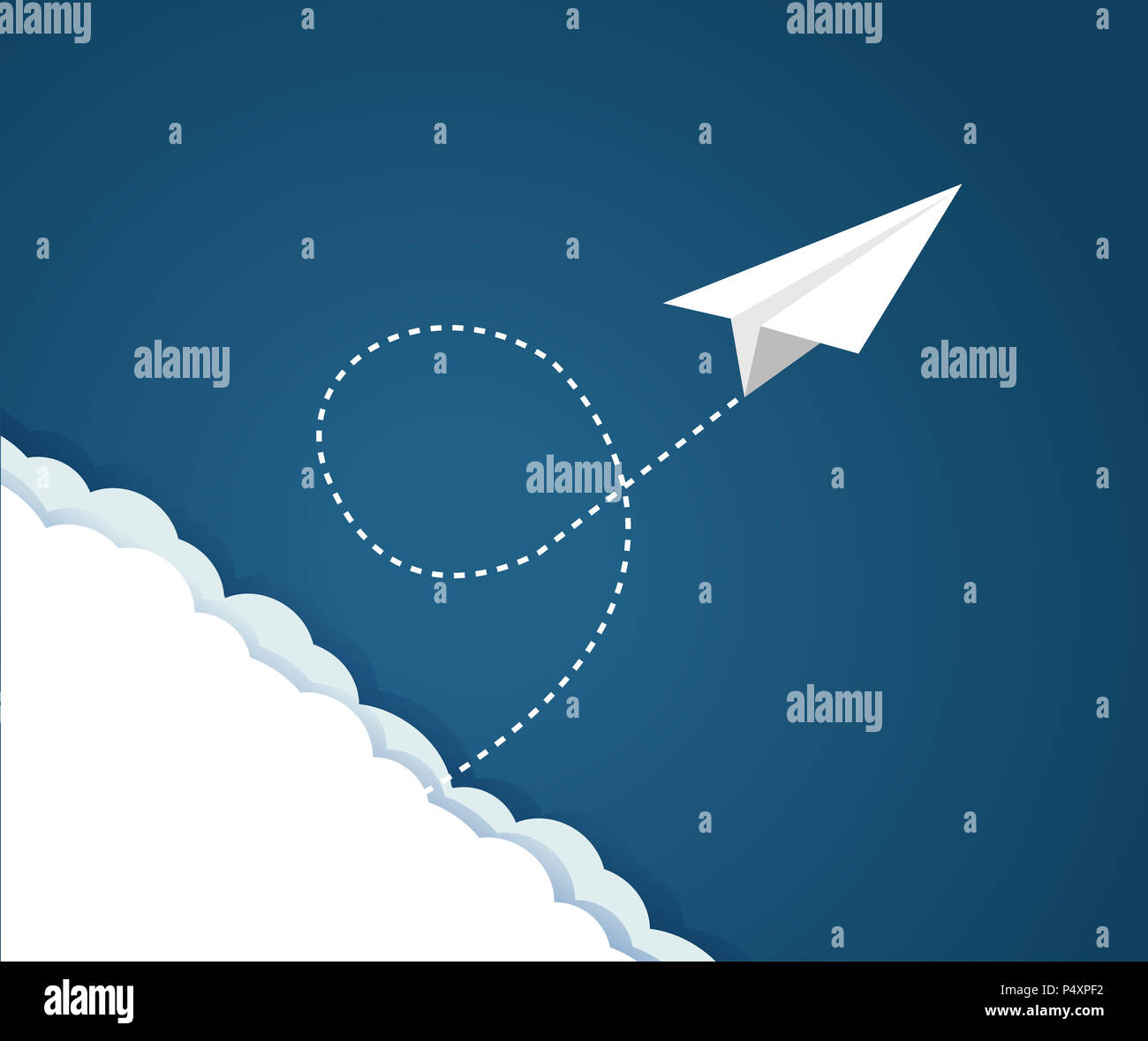 Paper plane flying pattern over  a blue sky and clouds. illustration design graphic Stock Photo