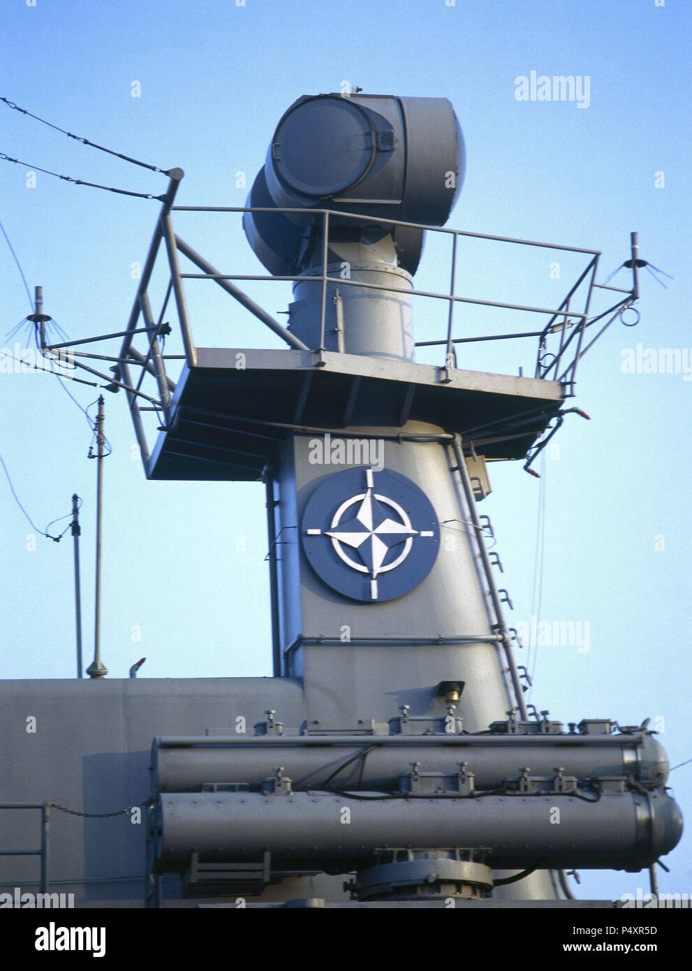 The North Atlantic Treaty Organization (NATO). Logo. Military boat. Stock Photo
