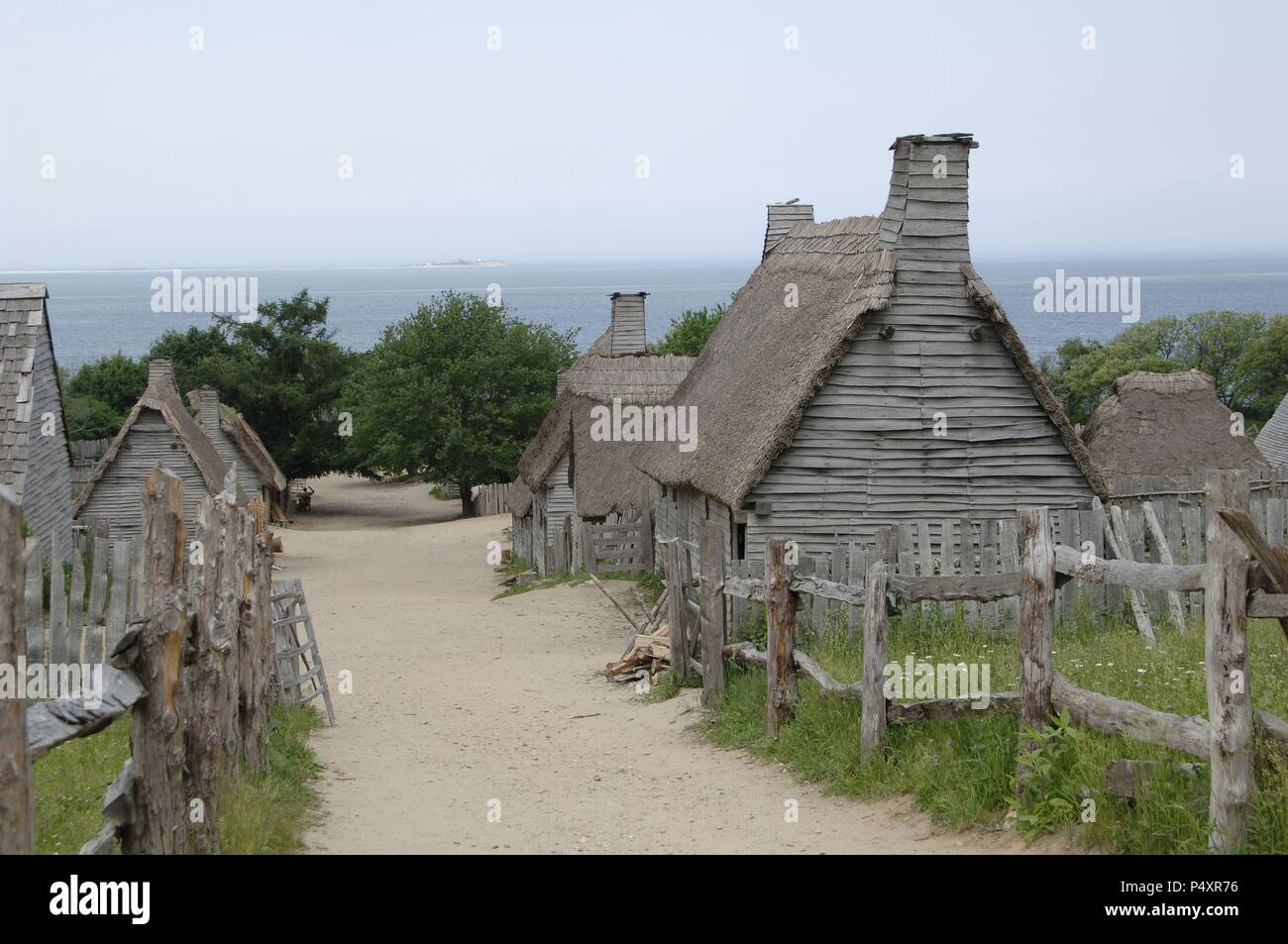 Plimoth Plantation or Historical Museum. Is a living museum in that shows the original settlement of the Plymouth Colony established in the 17th century by English colonists. English village. Plymouth. Massachusetts. United States. Stock Photo