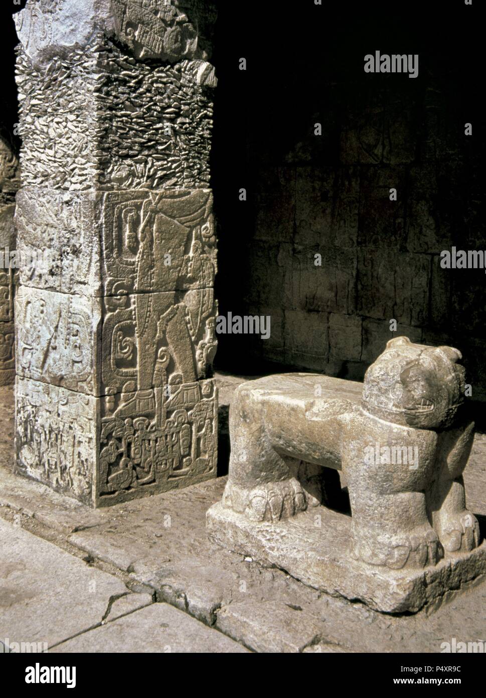 Pre-Columbian Art. Maya. Jaguar. Sculpture in the center of the Jaguar Temple (or Temple of the Jaguars). Maya-Toltec style. Classical period (late 900-1224). Chichen Itza. State of Yucatan. Mexico. Stock Photo