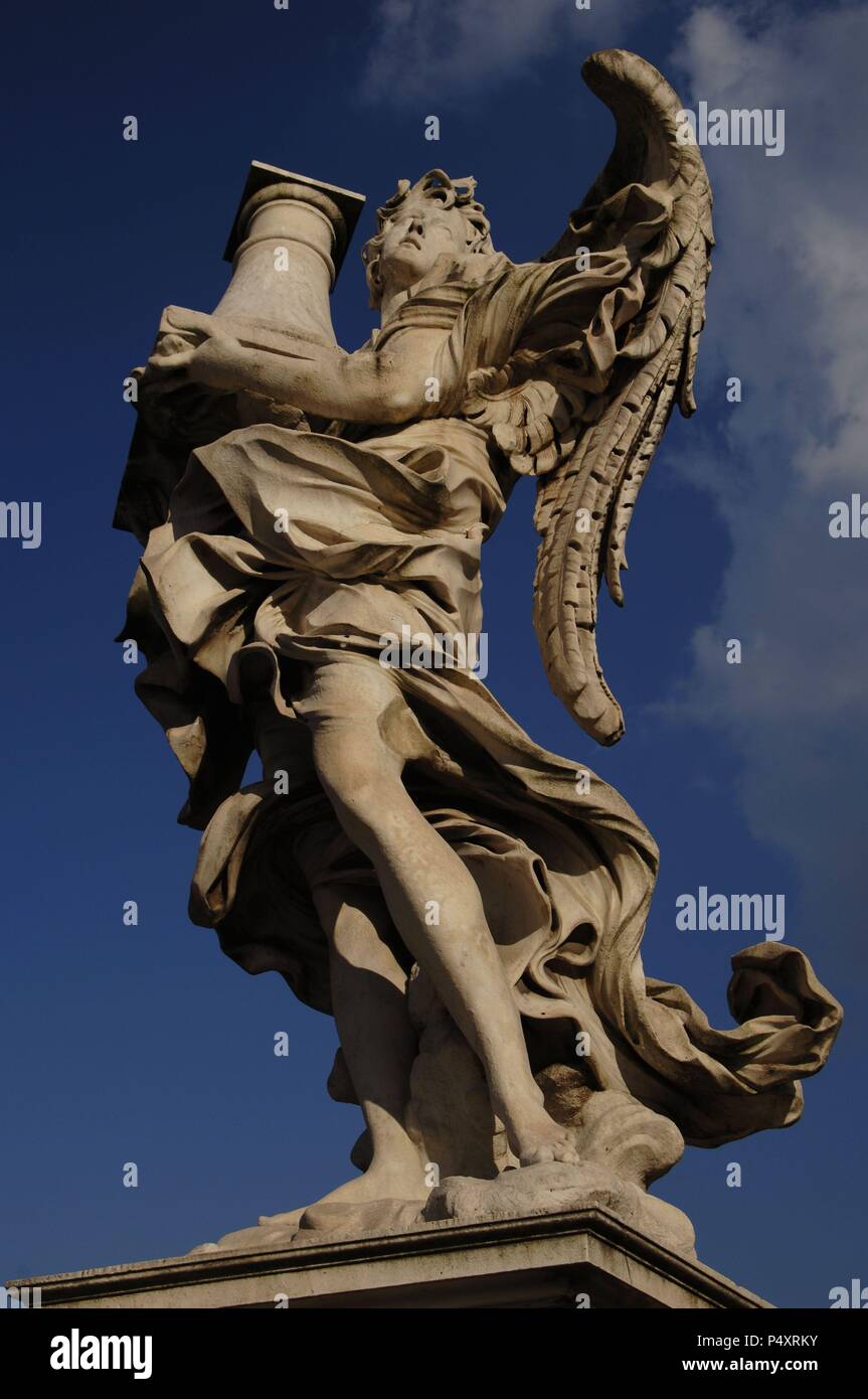 Italy. Rome. Saint Angelo Bridge. Statue of the Angel with the Column (Throne), by Antonio Raggi (1624-1686). Stock Photo