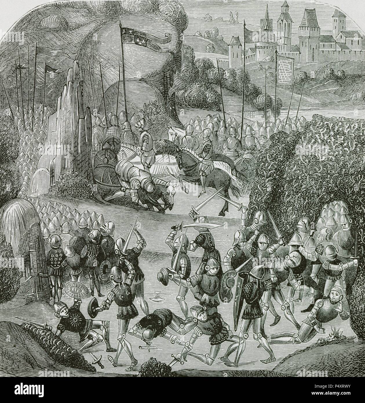 Battle of Otterburn. August 5, 1388. Fight on the border between the Scottish and English armies. Les Chroniques of Jean Froissart. Engraving of an edition of 1881. Stock Photo