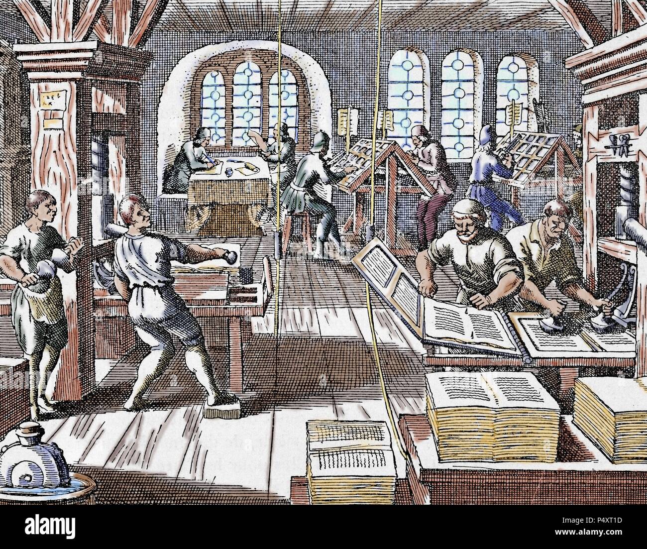 Printing press. Seventeenth century. Colored engraving of 'Gottfried Historical Chronicle.' Frankfurt, 1619. Stock Photo
