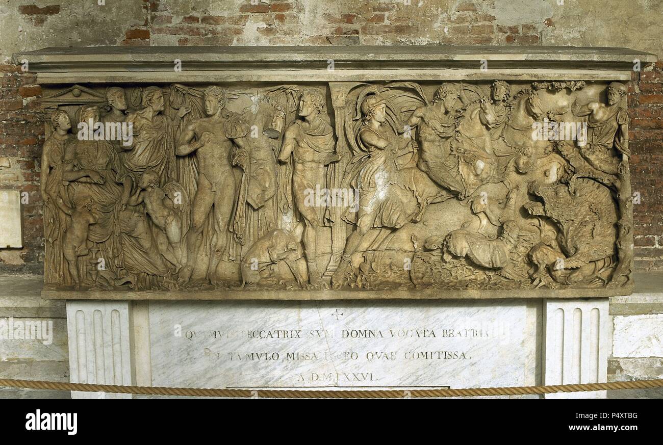 Hippolytus and Phaedra sarcophagus. Late Roman Style. Cemetery of Pisa. Italy. Stock Photo