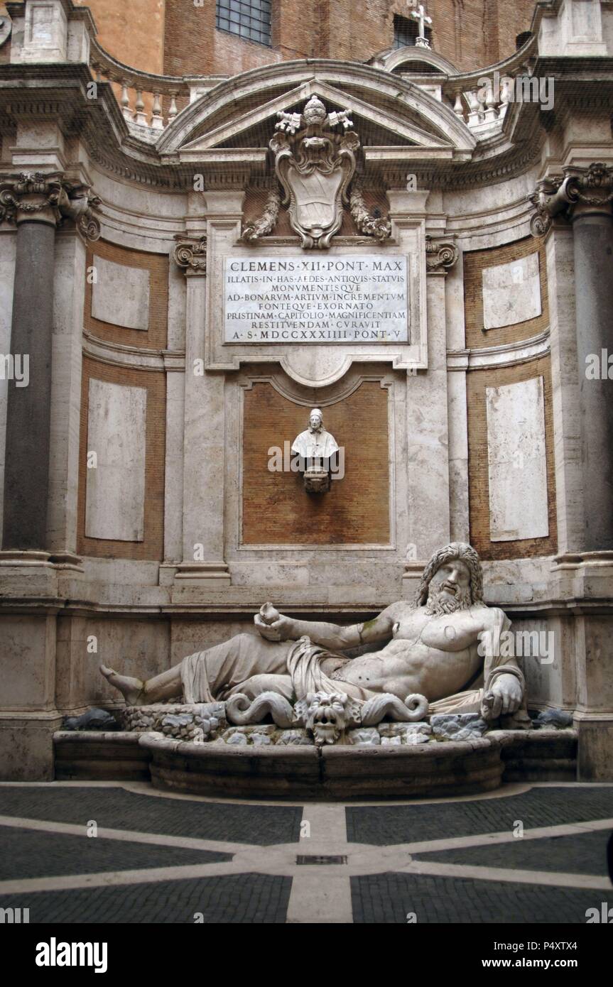 Roman Art. Marphurius or Marforio. One of the talking statues of Rome. 1st century A.D. Marble sculpture depicting a reclining bearded river god or Oceanus. Capitoline Museums. Rome. Italy. Stock Photo