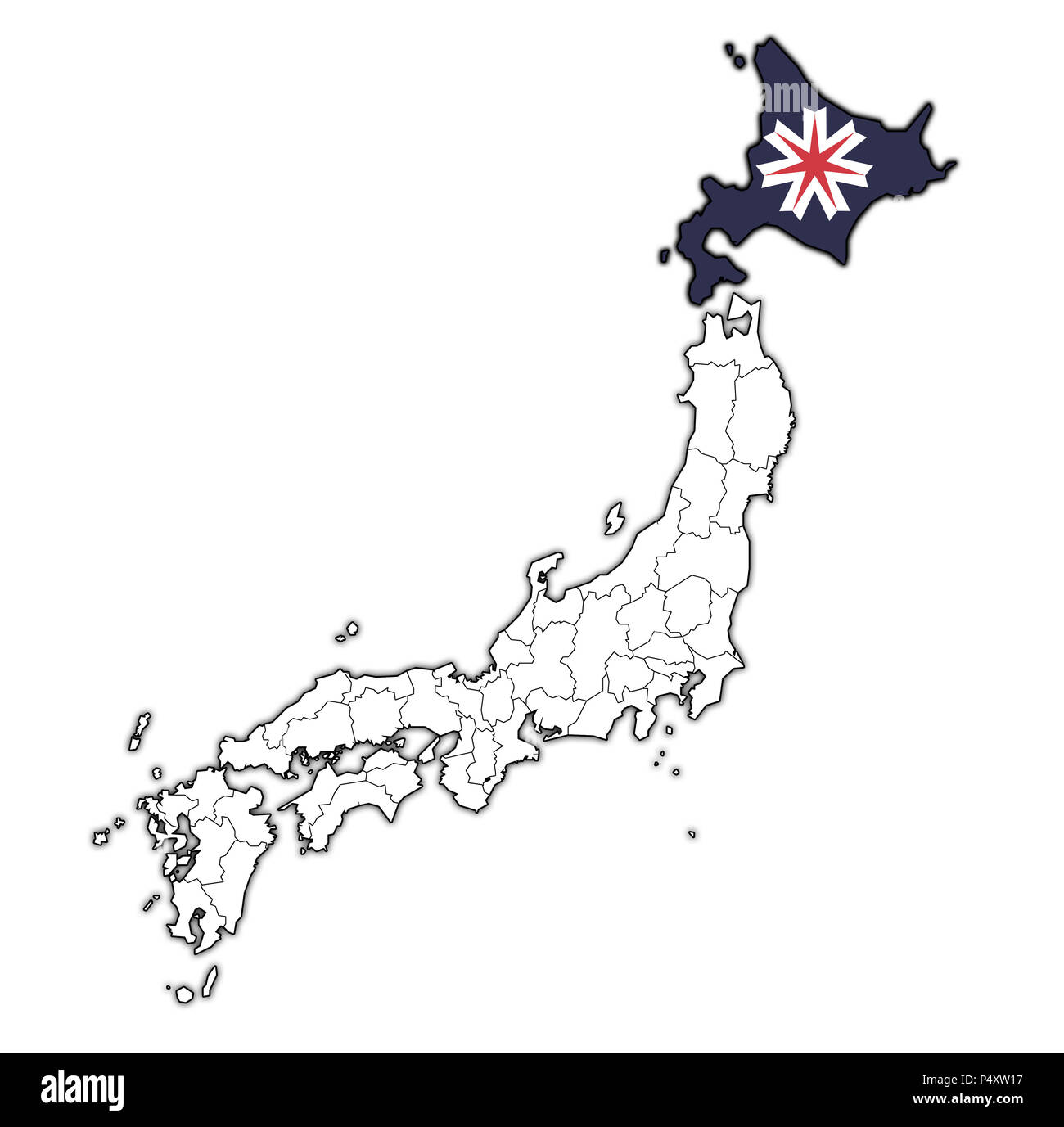 hokkaido flag of Troms prefecture on map with administrative divisions and borders of japan Stock Photo