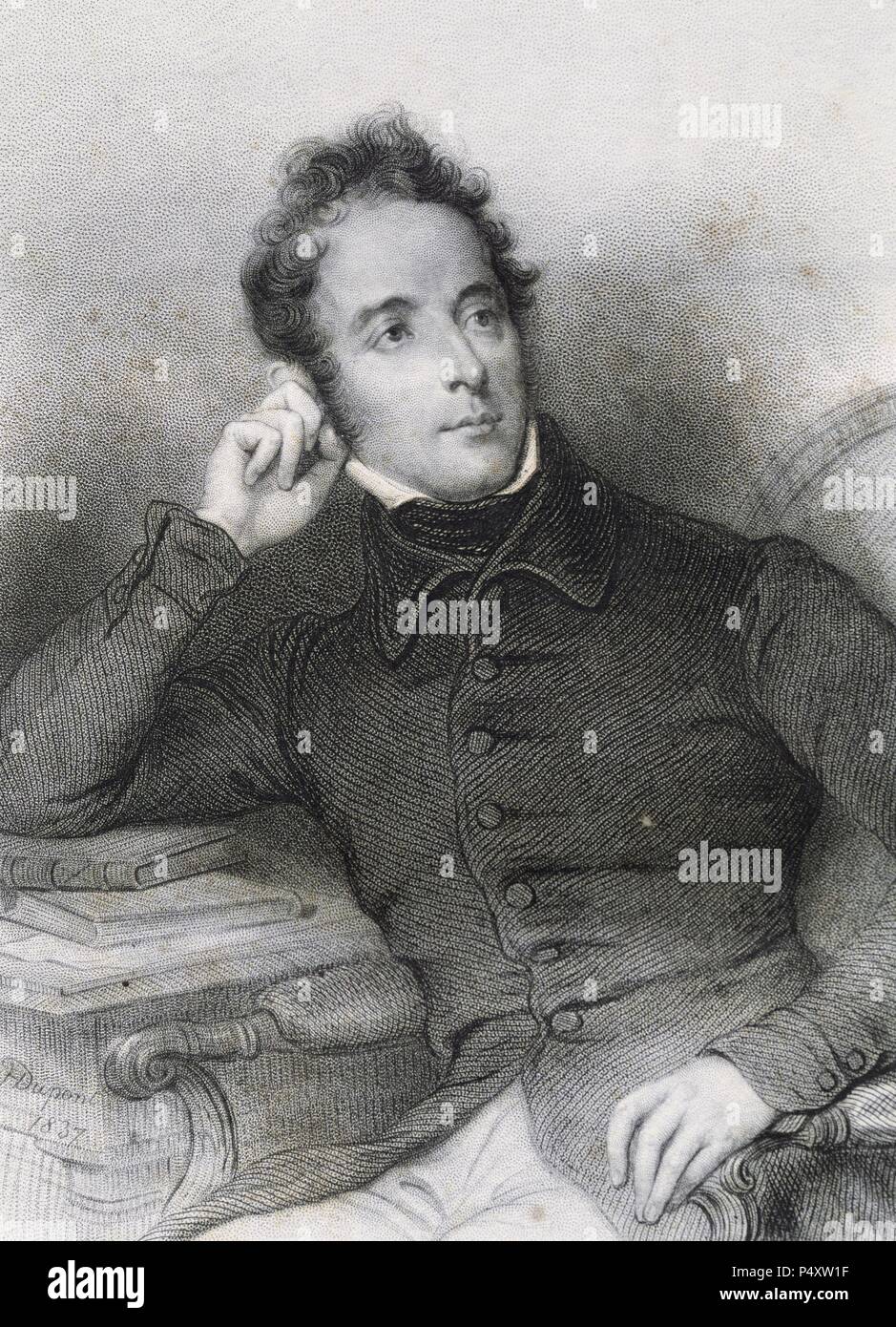 Lamartine, Alphonse de (1790-1869). French romantic writer and politician. Engraving, 1850. Stock Photo