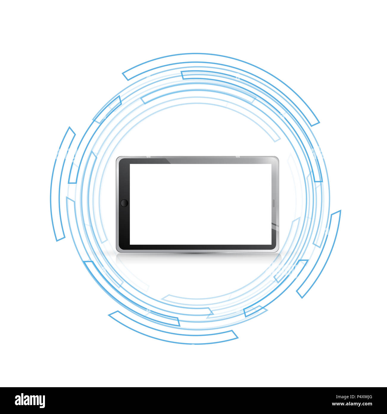 tablet over moving technology circle graphics. illustration design over white background. Stock Photo