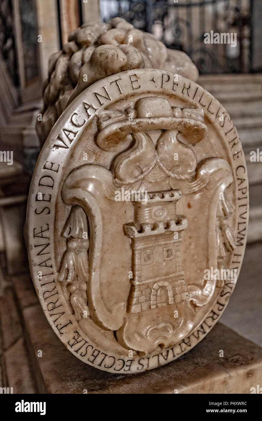 Italy Sardinia Sassari San Nicola Cathedral, the dome, interior of the church, marble shield with city simbol, lions particolar of major altar Stock Photo