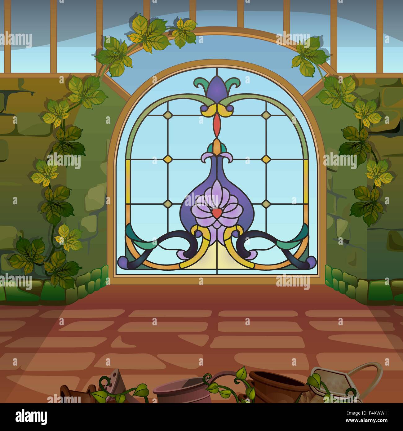 An arched window with stained glass in the winter garden or greenhouses ...