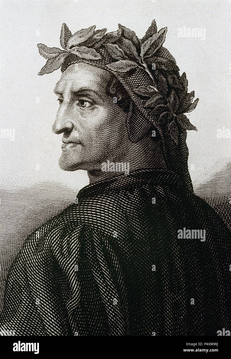 DANTE ALIGHIERI (Florencia,1265-Rávena,1321). Poeta italiano creador de 'La divina Comedia' entre 1307 y 1321, poema escrito en toscano. Grabado. Stock Photo