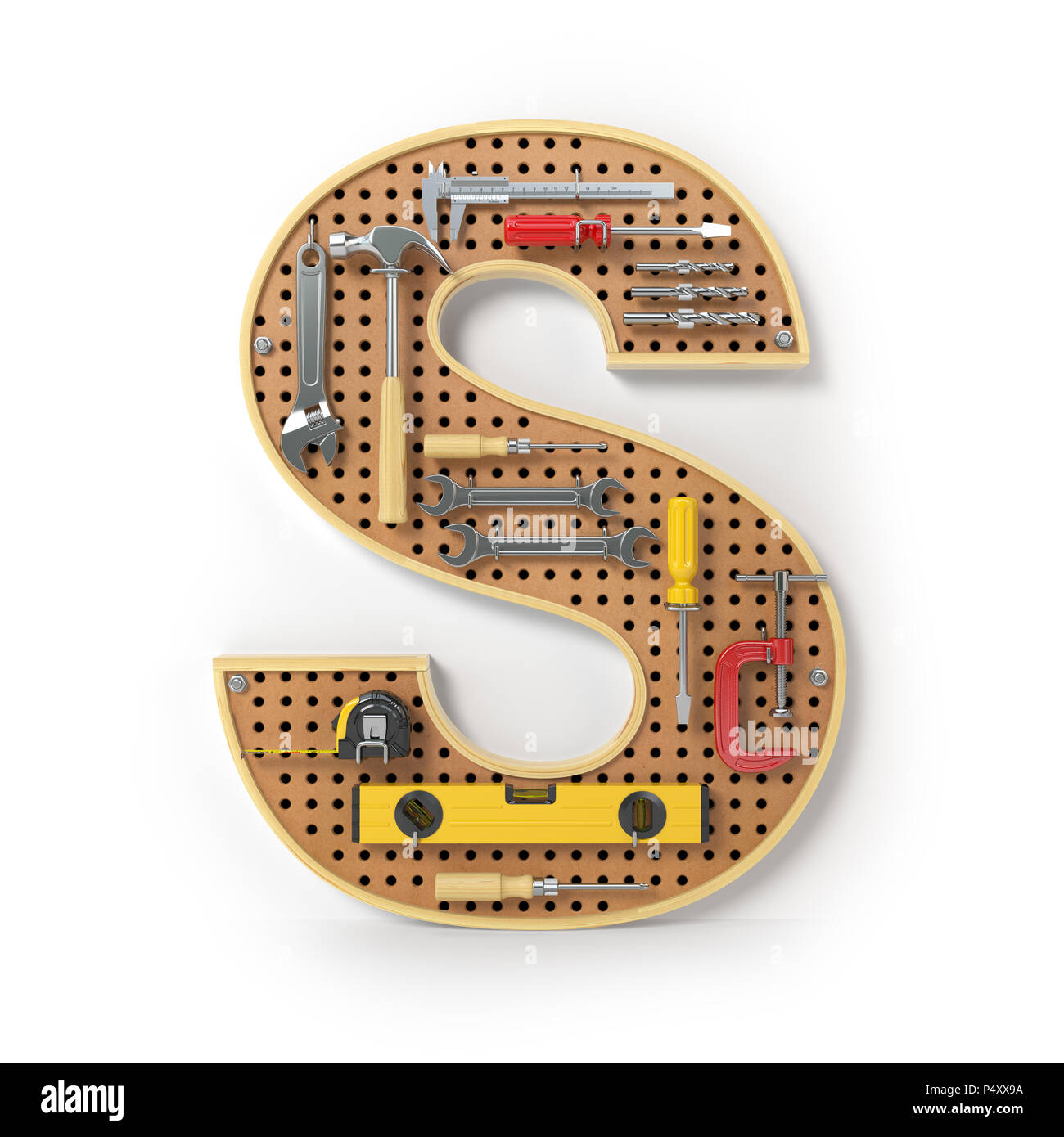 Letter S. Alphabet from the tools on the metal pegboard isolated on white.  3d illustration Stock Photo