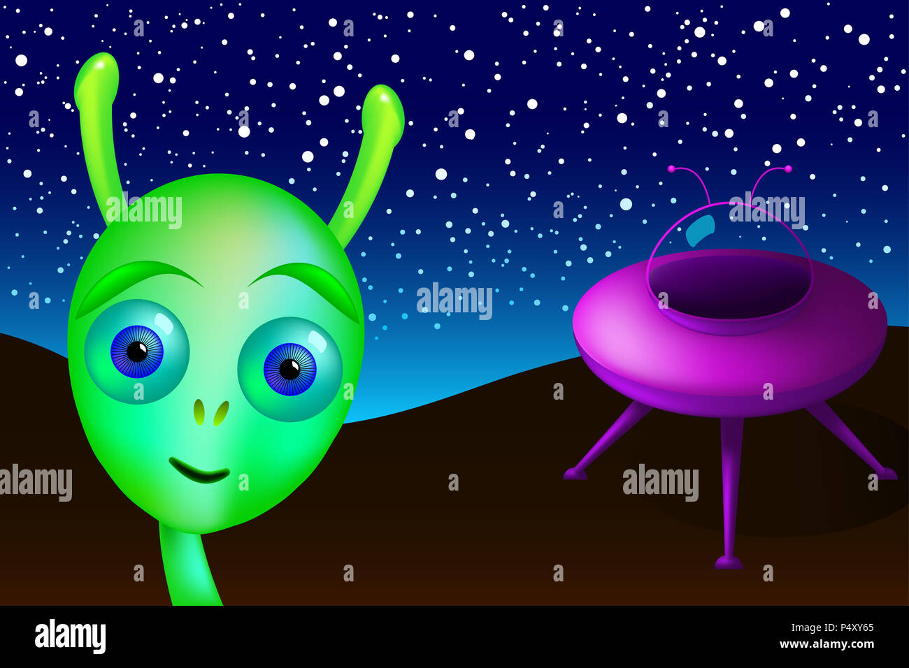 Little green alien with purple saucer visits Earth. Green man from Mars landed in the desert, undiscovered, under night sky and bright stars. UFO. Stock Photo
