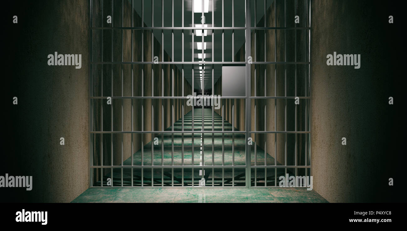 Prison interior. Jail cells and shadows, dark background. 3d illustration Stock Photo