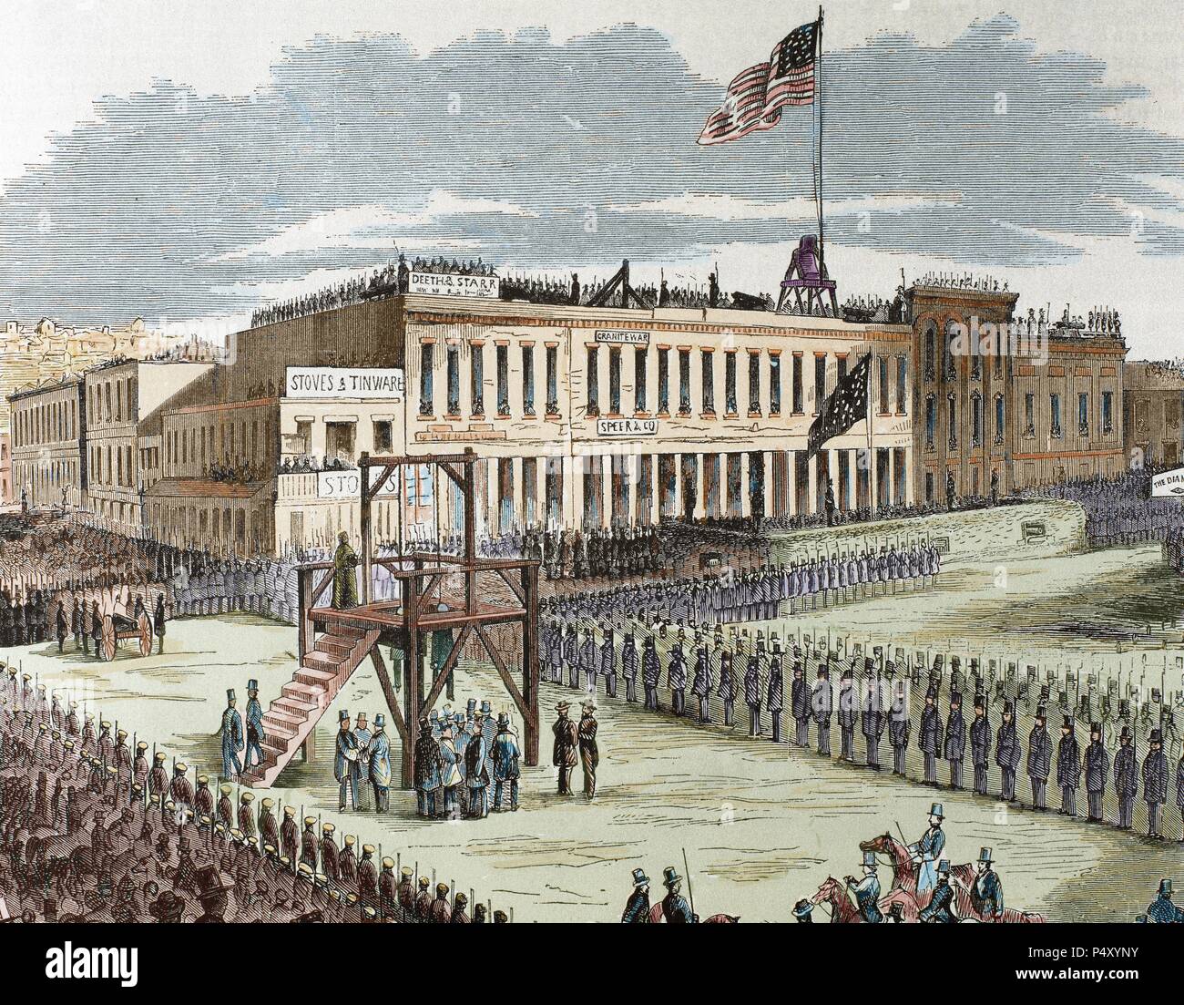 Public execution of murderers Joseph Hetherington and Philander Brace, 29 July 1856, convicted by a committee of San Francisco to die on the gallows. Engraving in 'Frank Leslie's,' 1856. Colored. Stock Photo