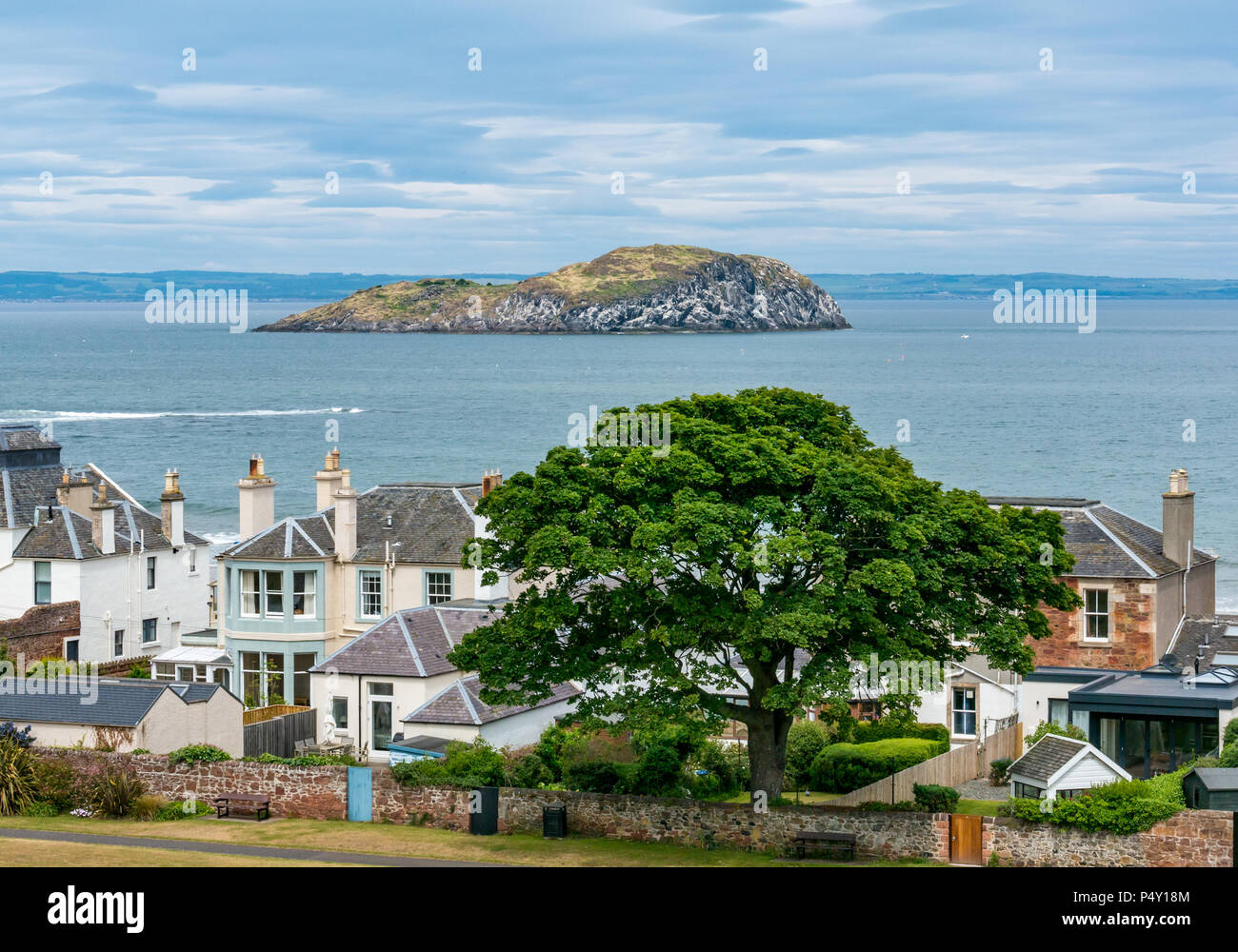 Craigleith Island in Firth of Forth on Summer day with blue sky, view