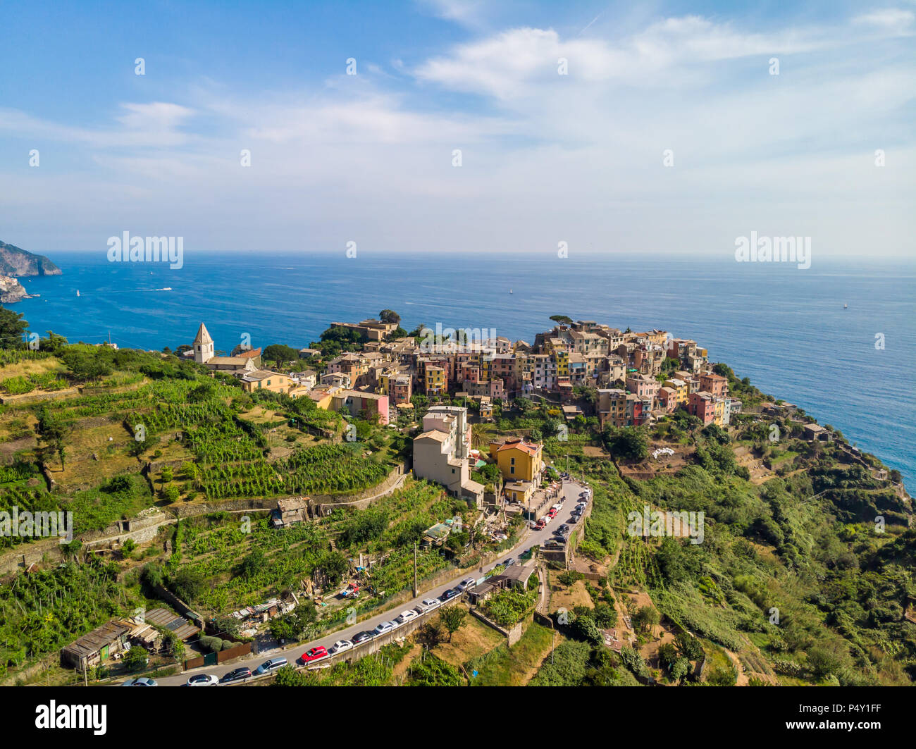 Corniglia - Village of Cinque Terre National Park at Coast of Italy. Province of La Spezia, Liguria, in the north of Italy - Aerial View - Travel dest Stock Photo