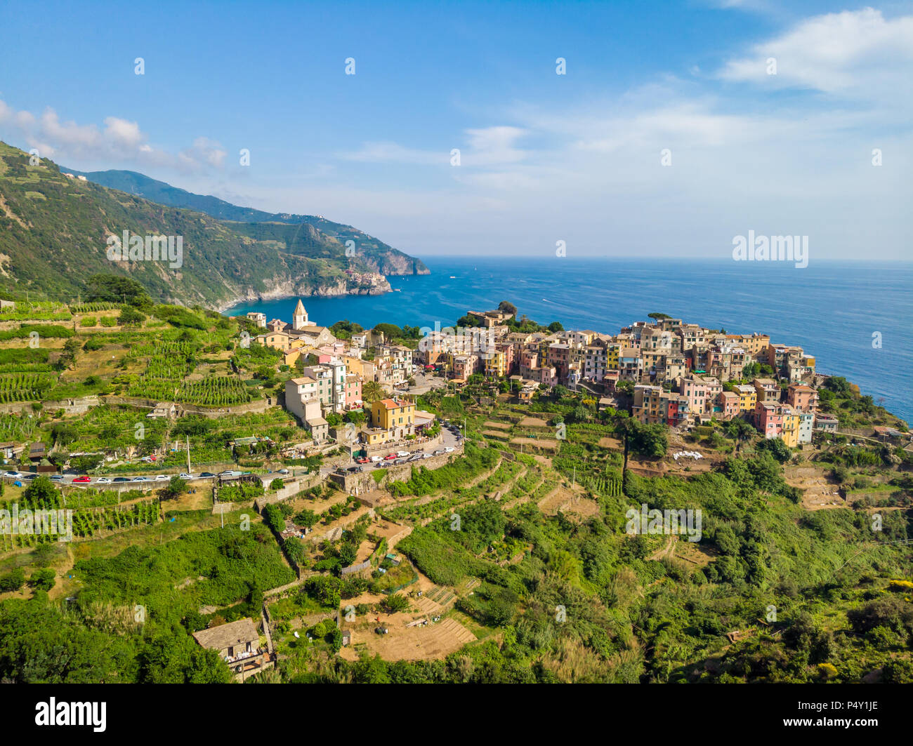 Corniglia - Village of Cinque Terre National Park at Coast of Italy. Province of La Spezia, Liguria, in the north of Italy - Aerial View - Travel dest Stock Photo