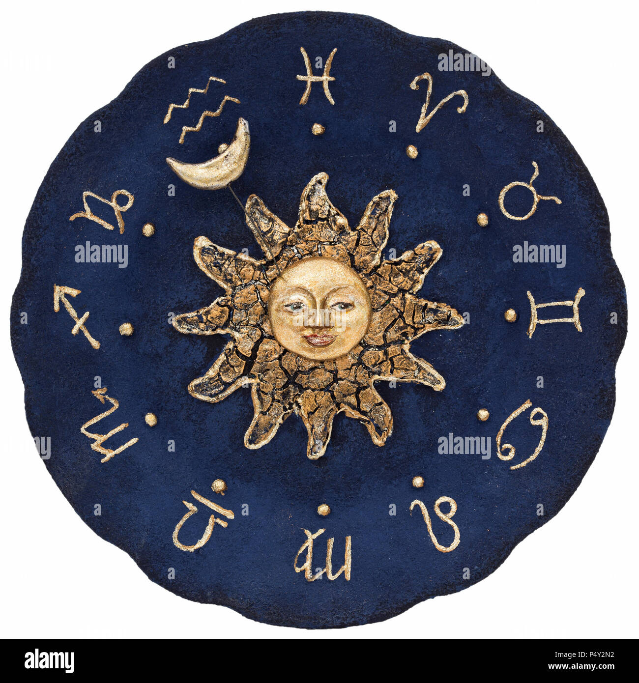 Vintage zodiacal astronomical clock, isolated on white background Stock