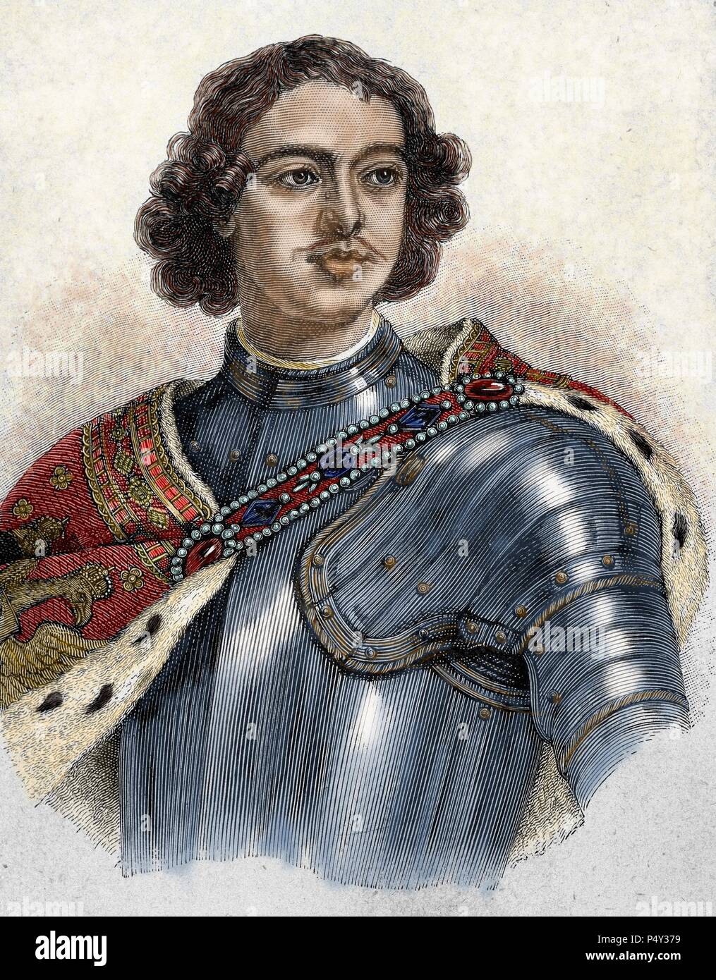 Peter I the Great (1672-1725). Tsar of Russia (1682-1725). He was proclaimed Tsar after the death of his brother Fedor III (1682) along with his brother Ivan V. Colored engraving. Stock Photo