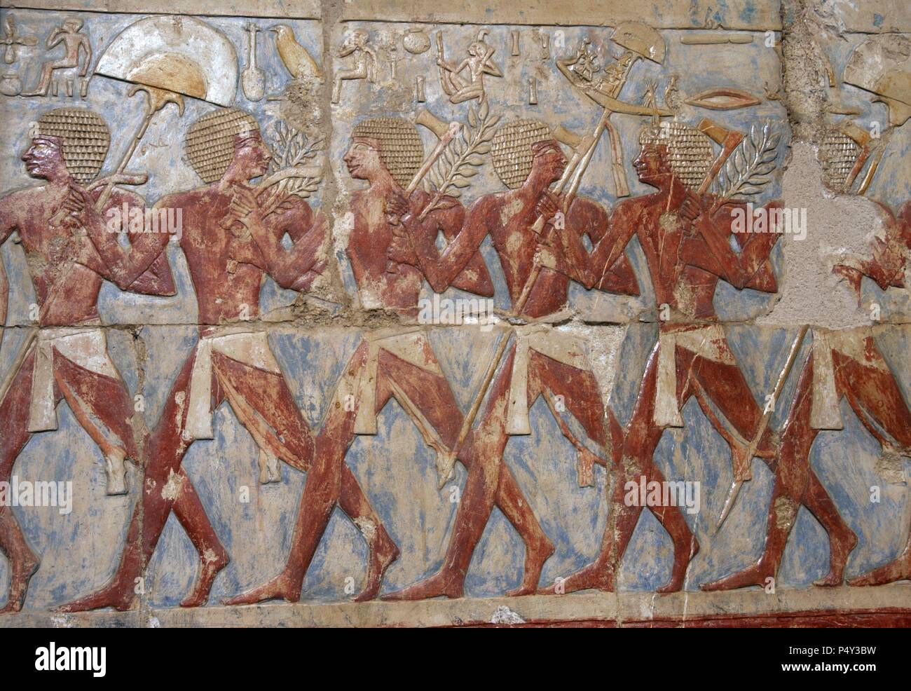 Egyptian soldiers in the expedition to the Land of Punt. Temple of Hatshepsut.  C. 1490 b.C.18th Dynasty. New Kingdom.  Deir el-Bahari. Egypt. Stock Photo
