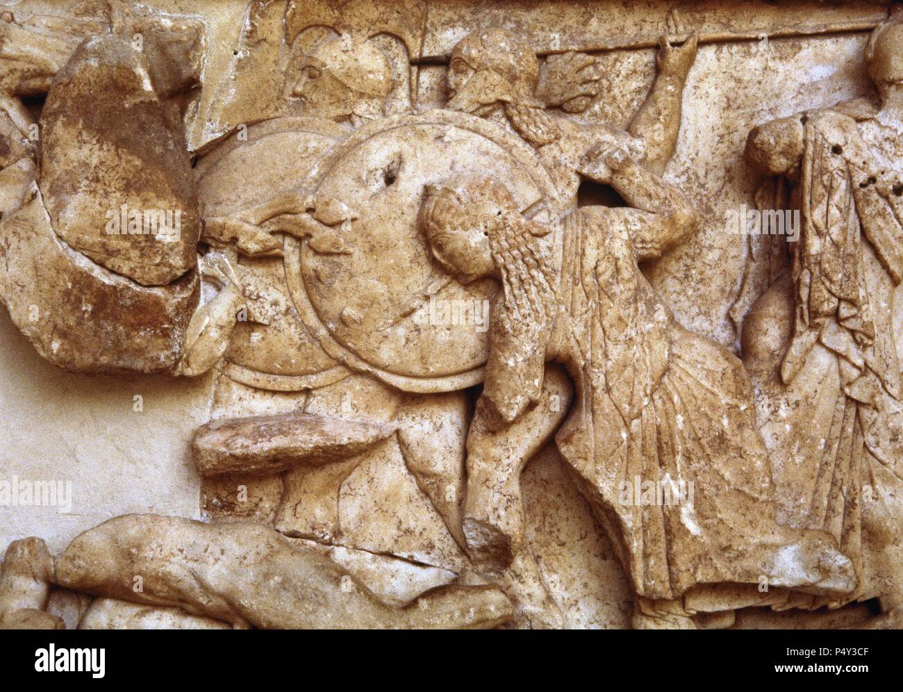 Siphnian Treasury. 530 BC. Gigantomachy. Hera between warriors. Delphi. Greece. Stock Photo