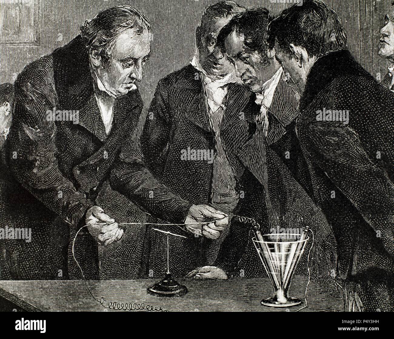 Oersted, Hans Christian (Copenhagen Rudkobing ,1777-1851). Danish physicist   and chemist. Oersted discovers electromagnetism. Engraving. Stock Photo