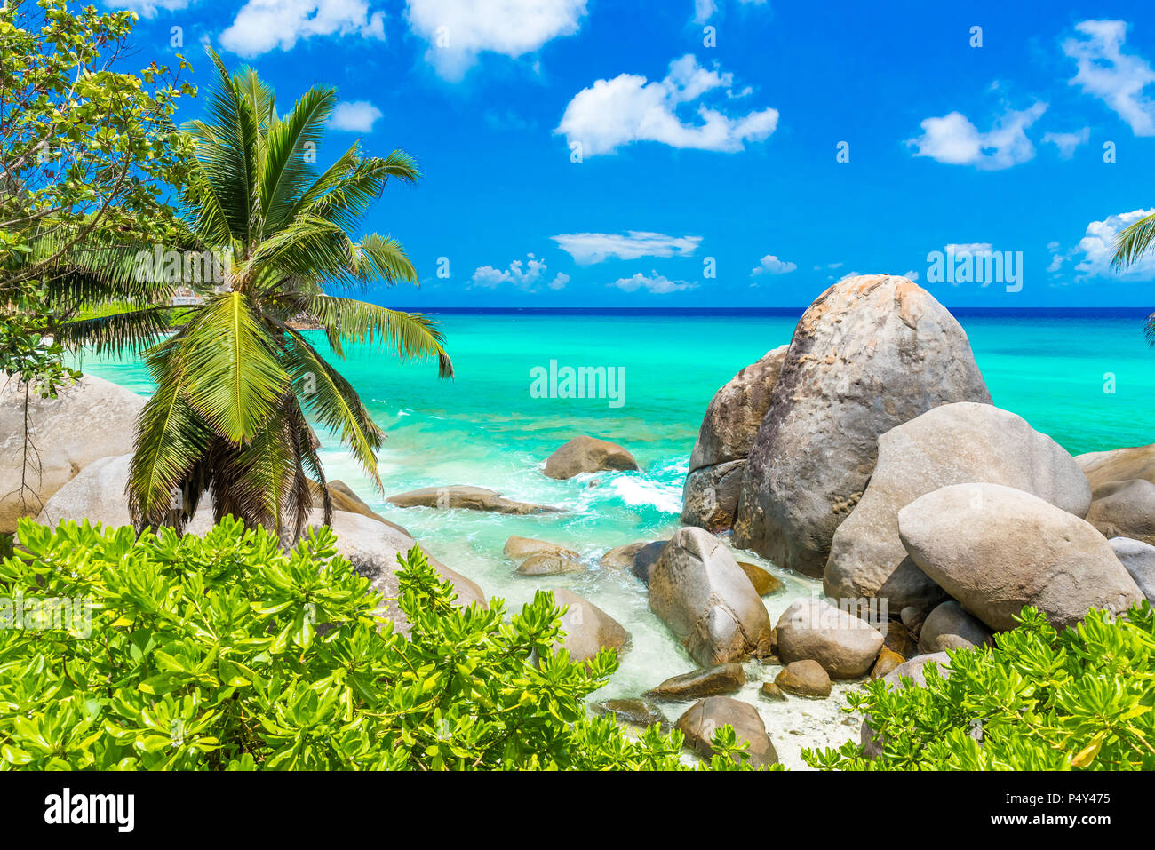 Tropical coast in Seychelles, Mahe Stock Photo